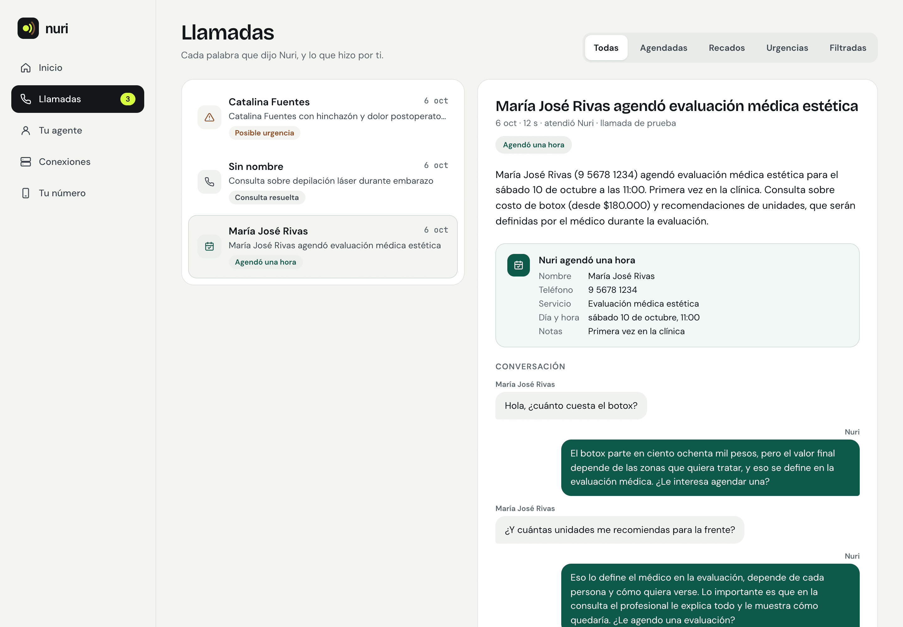 Panel de Nuri con las llamadas atendidas: una hora agendada, una consulta resuelta y una posible urgencia